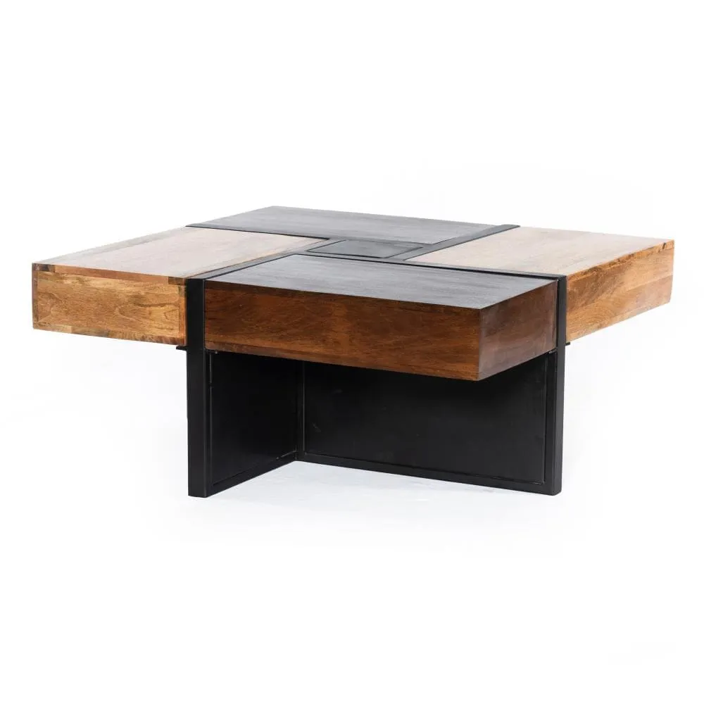 36 Inch Handcrafted Square Mango Wood Coffee Table, Iron Frame, Cherry, Natural, Black By The Urban Port