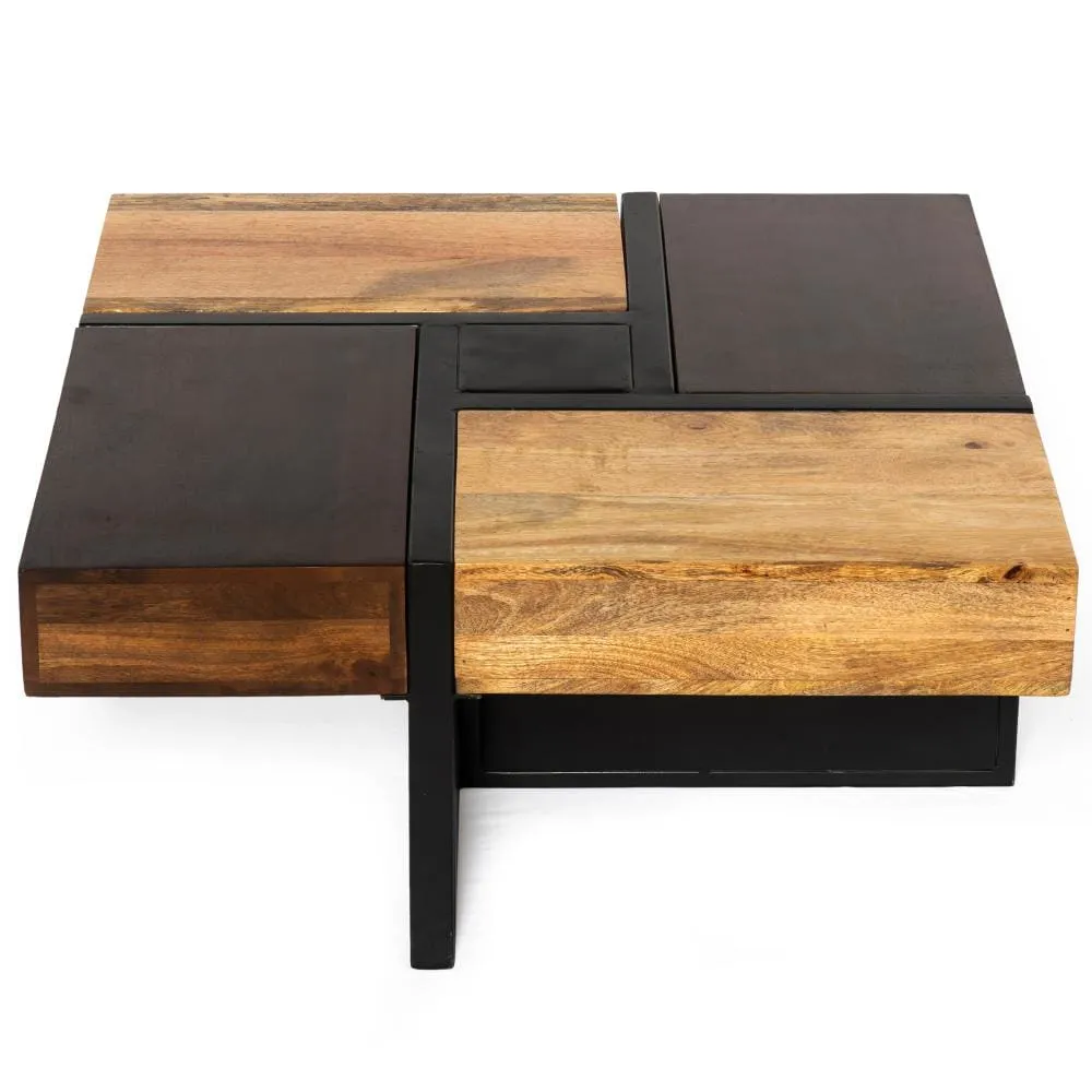 36 Inch Handcrafted Square Mango Wood Coffee Table, Iron Frame, Cherry, Natural, Black By The Urban Port