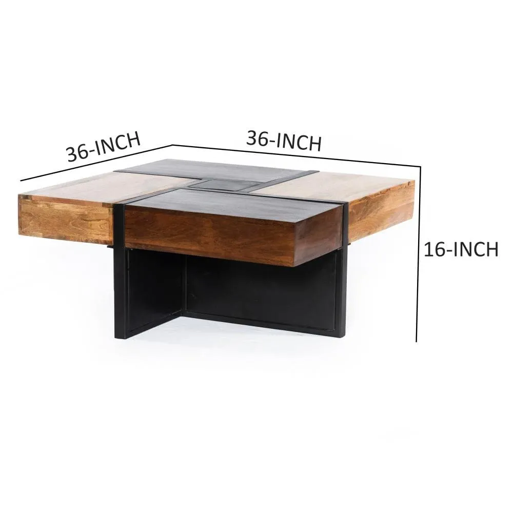 36 Inch Handcrafted Square Mango Wood Coffee Table, Iron Frame, Cherry, Natural, Black By The Urban Port