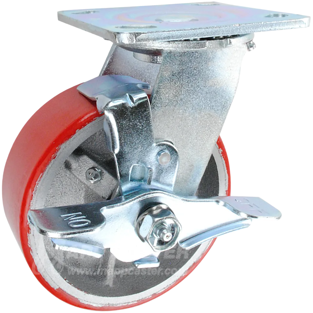 5" x 2" Red Polyurethane on Iron Wheel Swivel Brake Caster - 1,100 Lbs Capacity