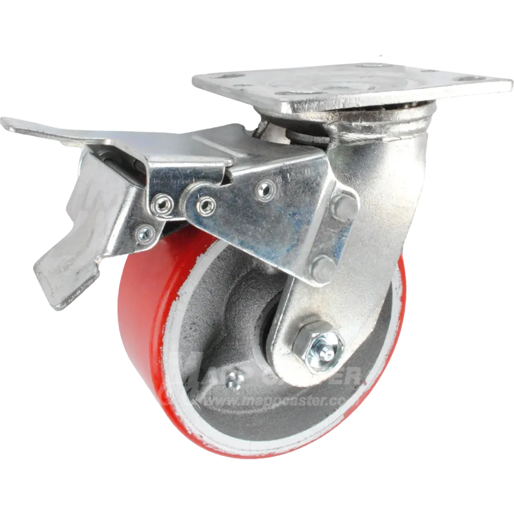 5" x 2" Red Polyurethane on Iron Wheel Swivel Caster with Total Locking Brake - 1,100 Lbs Capacity