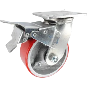 5" x 2" Red Polyurethane on Iron Wheel Swivel Caster with Total Locking Brake - 1,100 Lbs Capacity