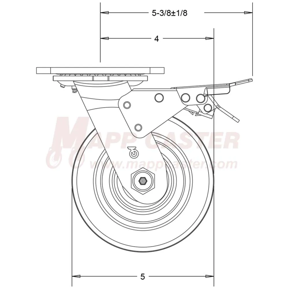 5" x 2" Red Polyurethane on Iron Wheel Swivel Caster with Total Locking Brake - 1,100 Lbs Capacity