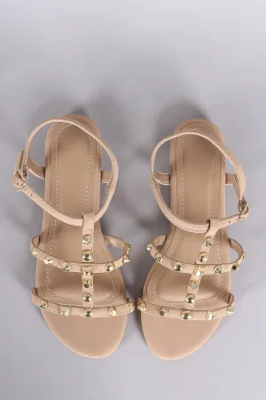 Bamboo Three T-Strap Studded Flat Sandal