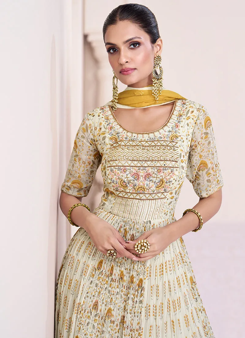 Beige And Yellow Multi Embroidery Printed Anarkali Suit