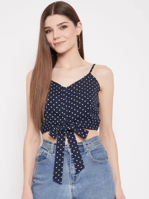 Berrylush Women Navy Blue Polka Dot Printed Crop Top