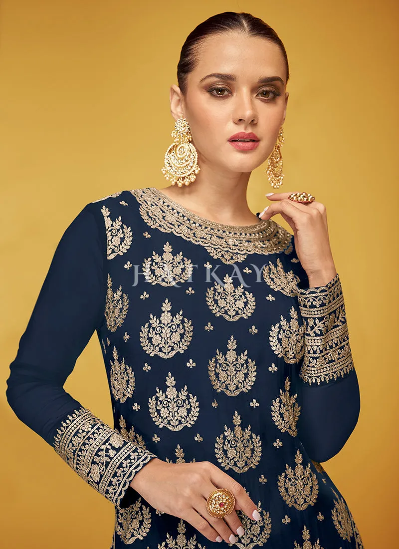 Blue Designer Embroidered Georgette Palazzo Suit