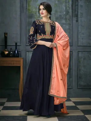 Blue Orange Ethnic Embroidered Anarkali Suit