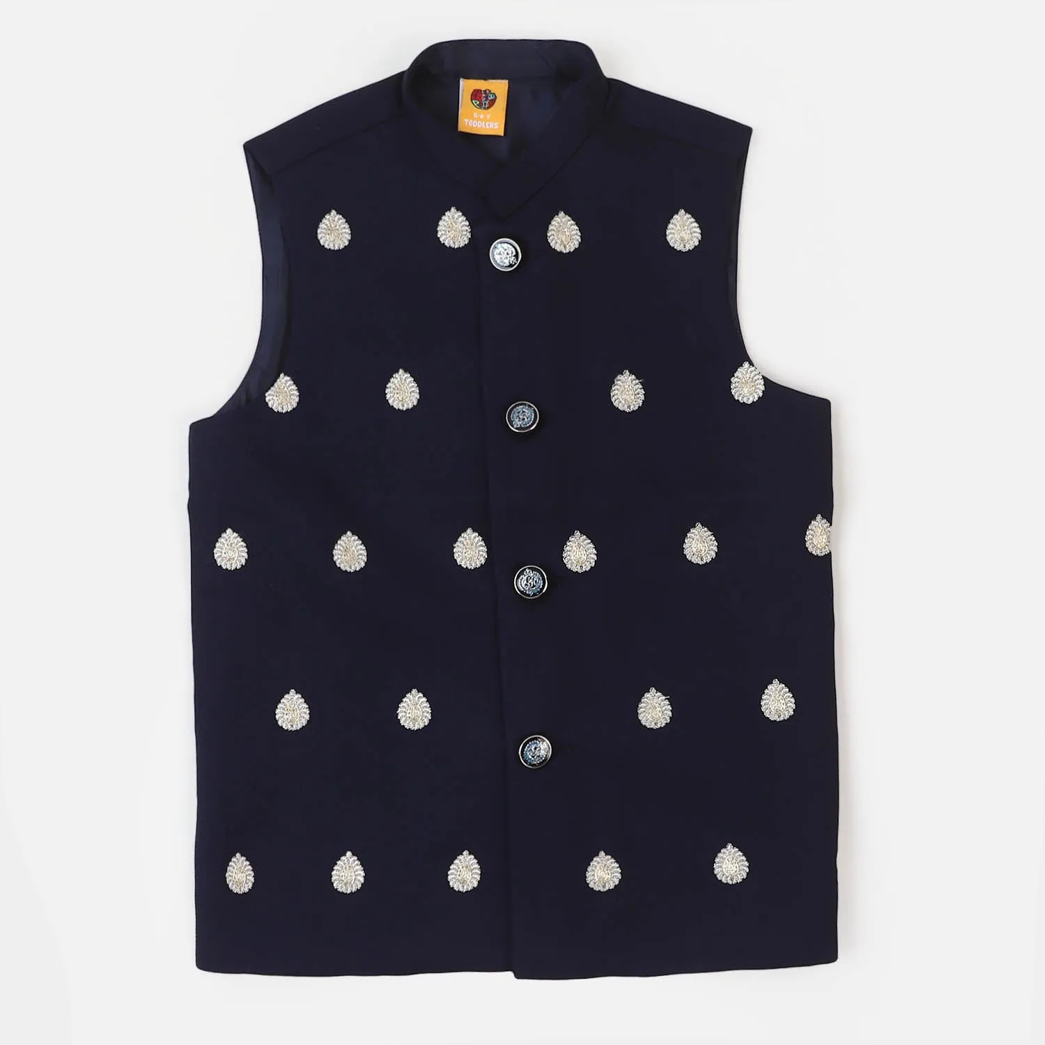 Boys Embroidered Viscose Waist Coat  - Navy Blue