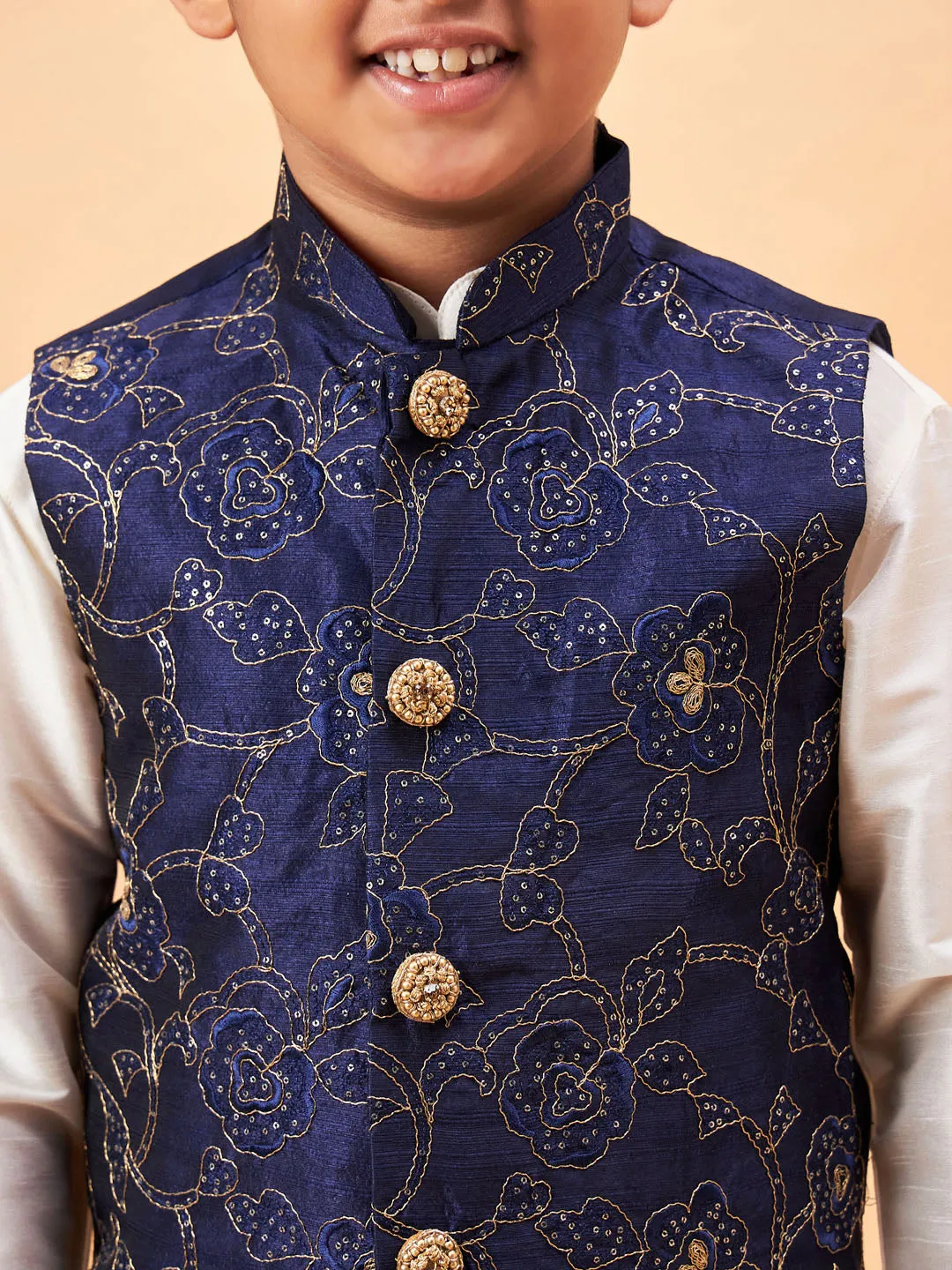 Boy's Navy Blue And Cream Jacket, Kurta And Pyjama Set - Vastramay Boys