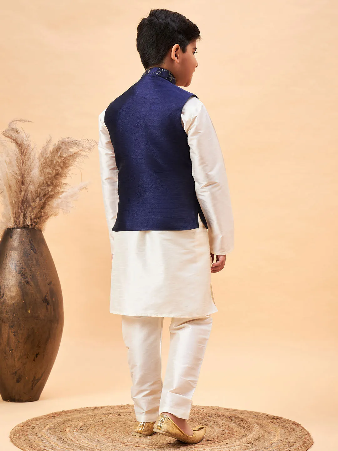 Boy's Navy Blue And Cream Jacket, Kurta And Pyjama Set - Vastramay Boys