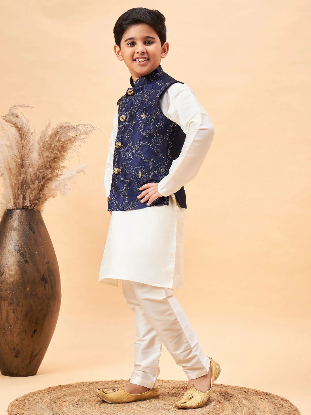 Boy's Navy Blue And Cream Jacket, Kurta And Pyjama Set - Vastramay Boys