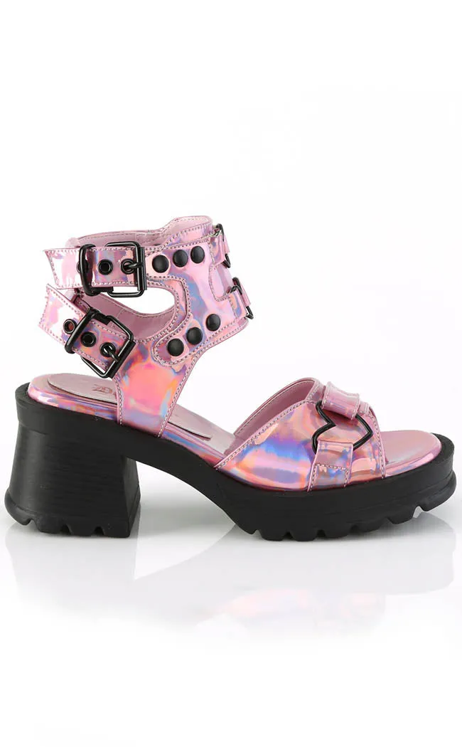 BRATTY-07 Pink Holo Chunky Heel Sandals