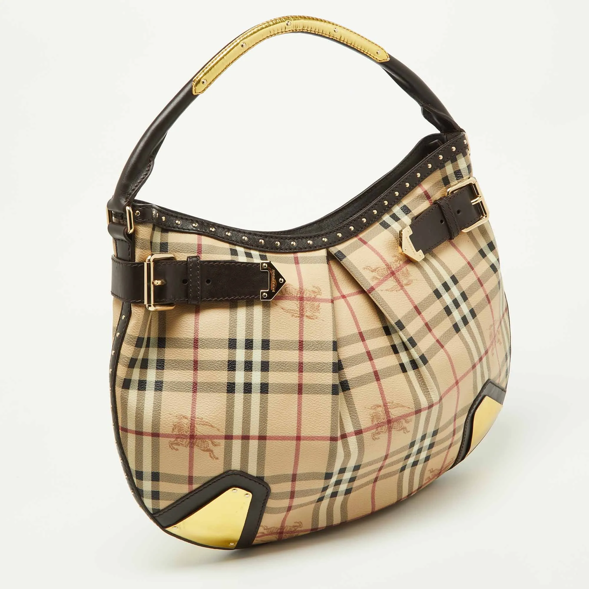 BURBERRY Dark Brown/Beige House Check PVC and Leather Studded Hartley Hobo