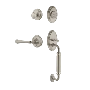 Classic Handleset with C-Grip and Classic Rosette with Fleur Lever in Satin Nickel