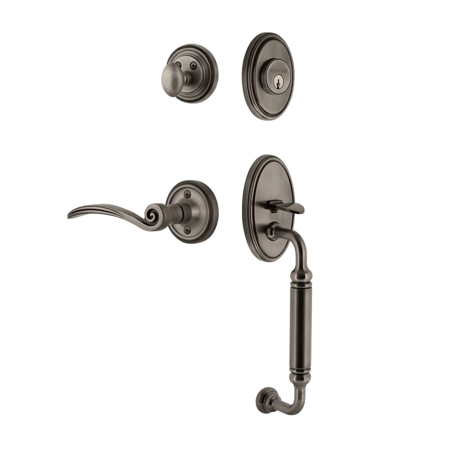 Classic Handleset with C-Grip and Classic Rosette with Swan Lever in Antique Pewter