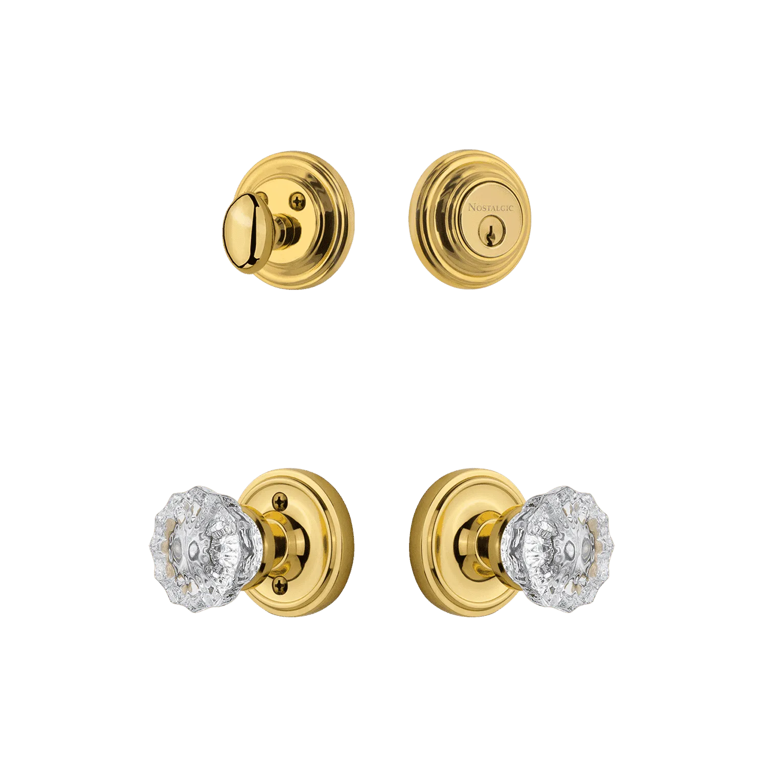 Classic Rosette Entry Set with Crystal Knob in Polished Brass