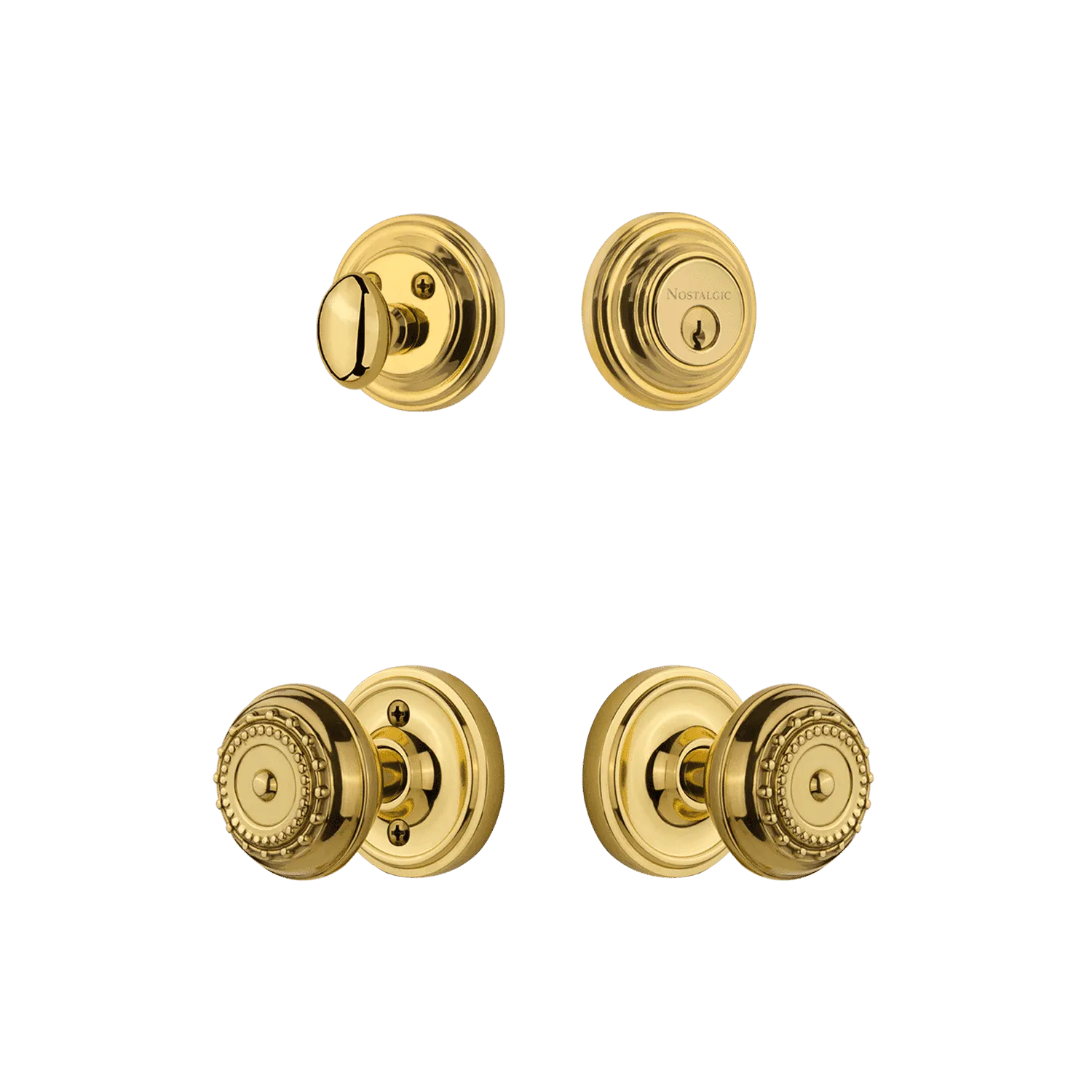 Classic Rosette Entry Set with Meadows Knob in Unlacquered Brass