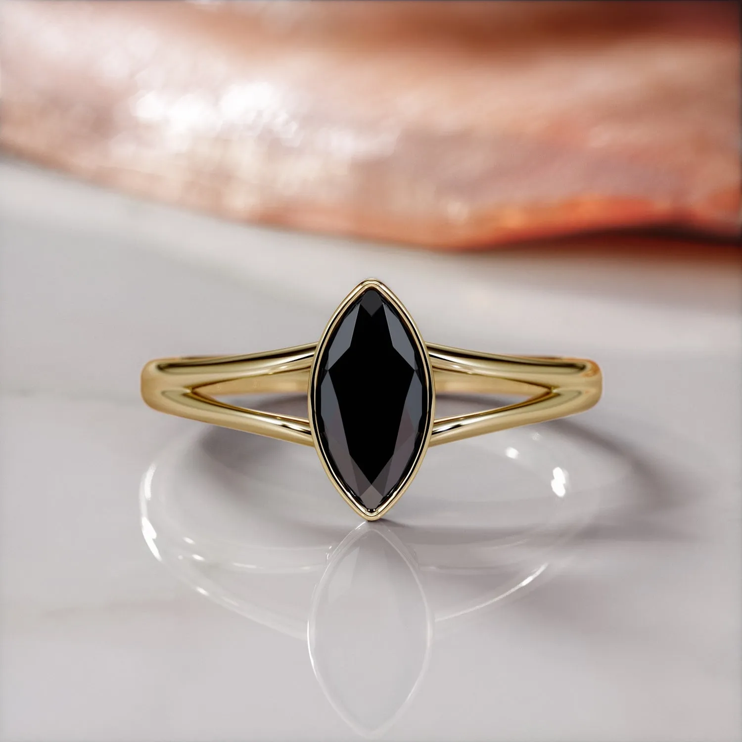 Curva Scura -   Bezel  Natural Black Diamond Marquis Engagement Ring  in Yellow Gold