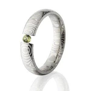 Damascus Steel, Peridot Ring, Tension Set Ring