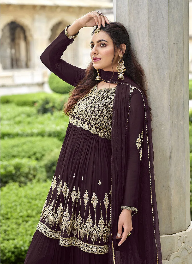 Dark Brown Embroidered Designer Gharara Style Suit