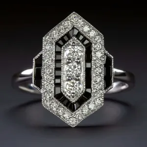 DIAMOND ONYX VINTAGE STYLE RING ART DECO GEOMETRIC COCKTAIL CALIBRE NATURAL