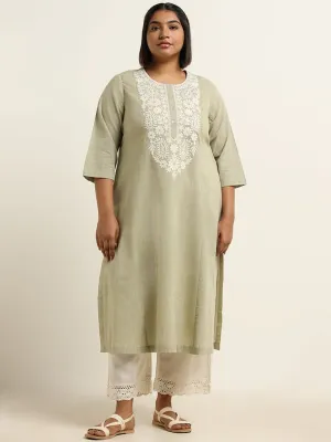 Diza Green Embroidered Cotton Kurta