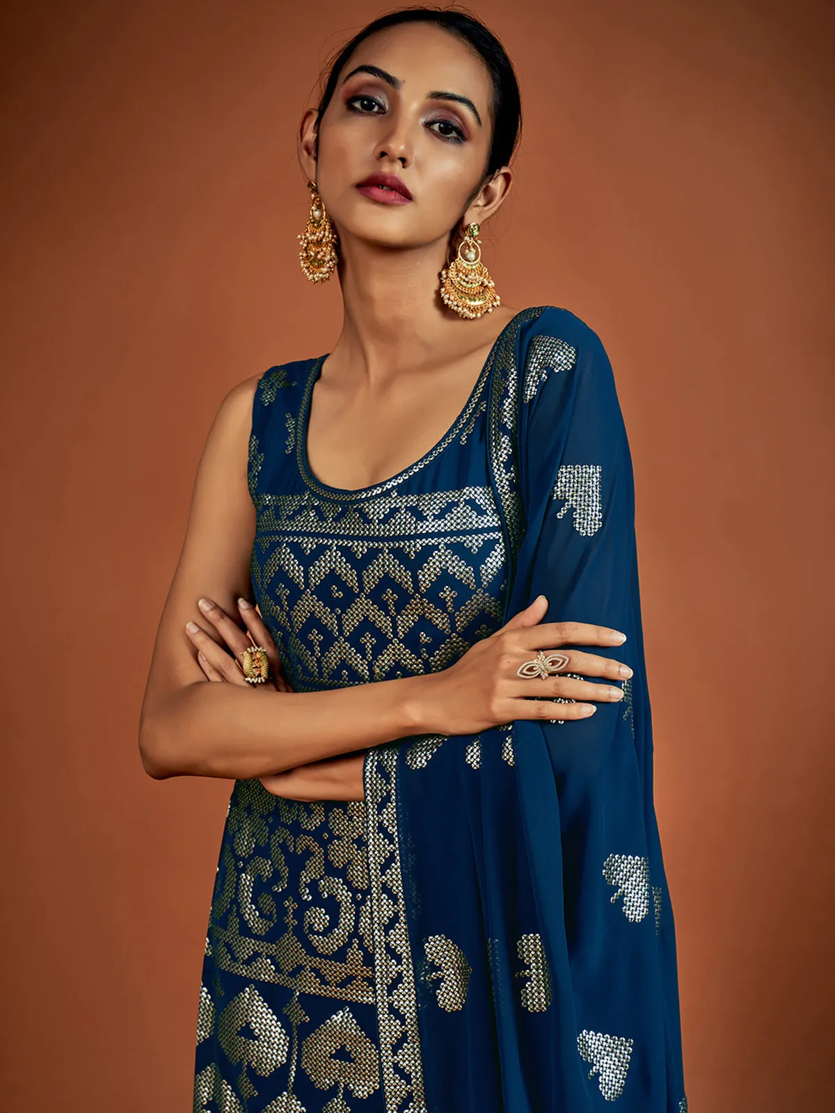 Embroidered Navy Blue Georgette Partywear Stitched Kurta Set