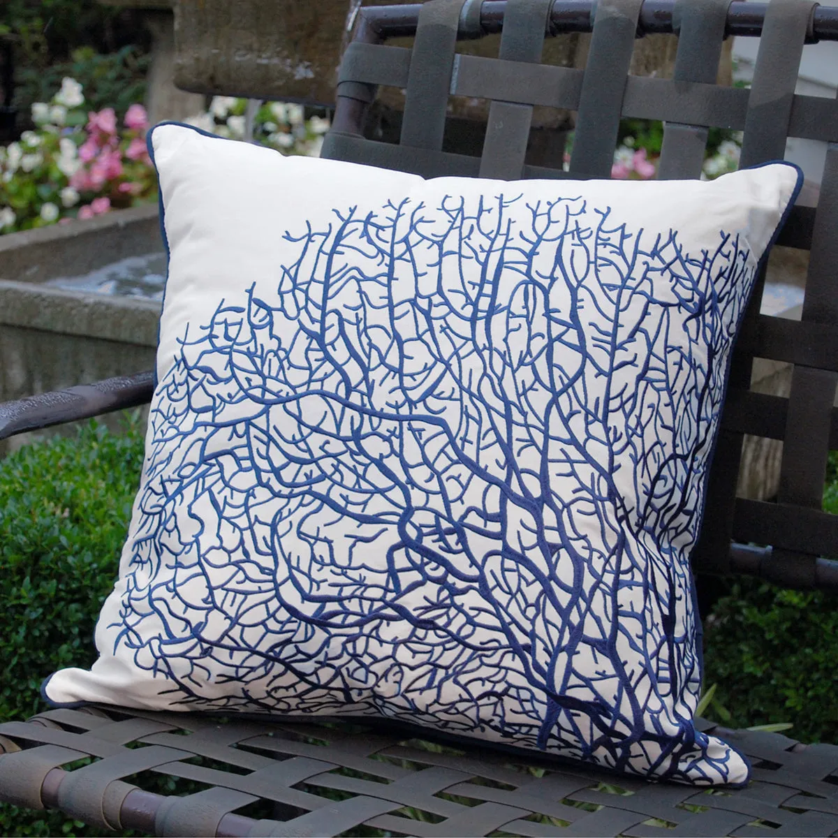 Fan Coral Navy and White Indoor Outdoor Pillow