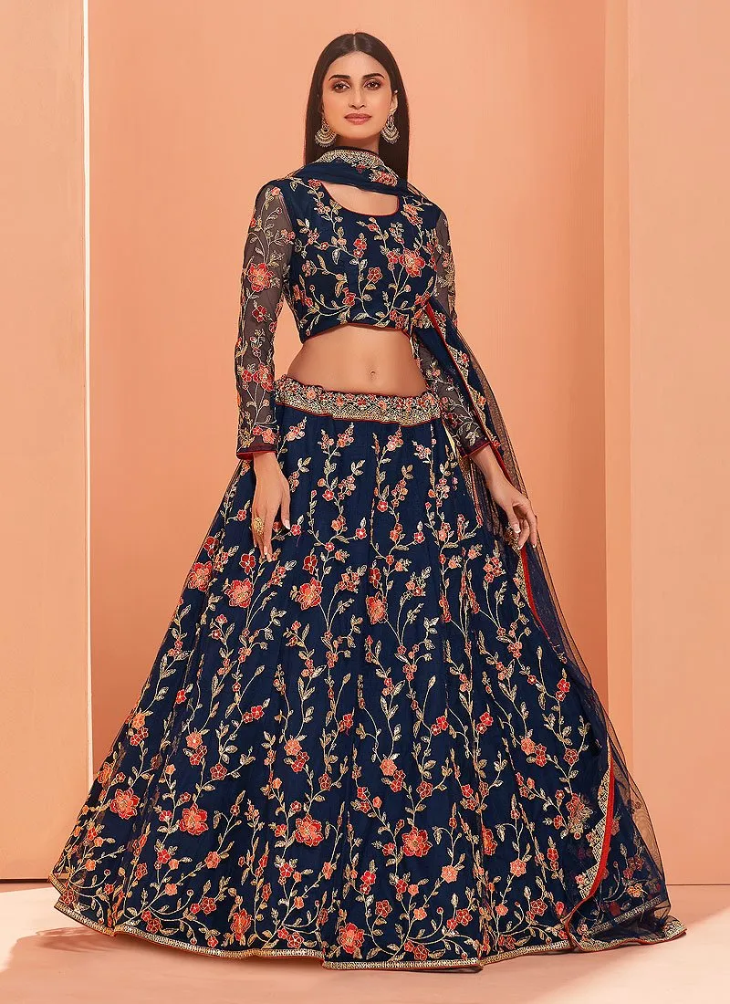 Floral Embroidered Navy Blue Bridal Lehenga Choli