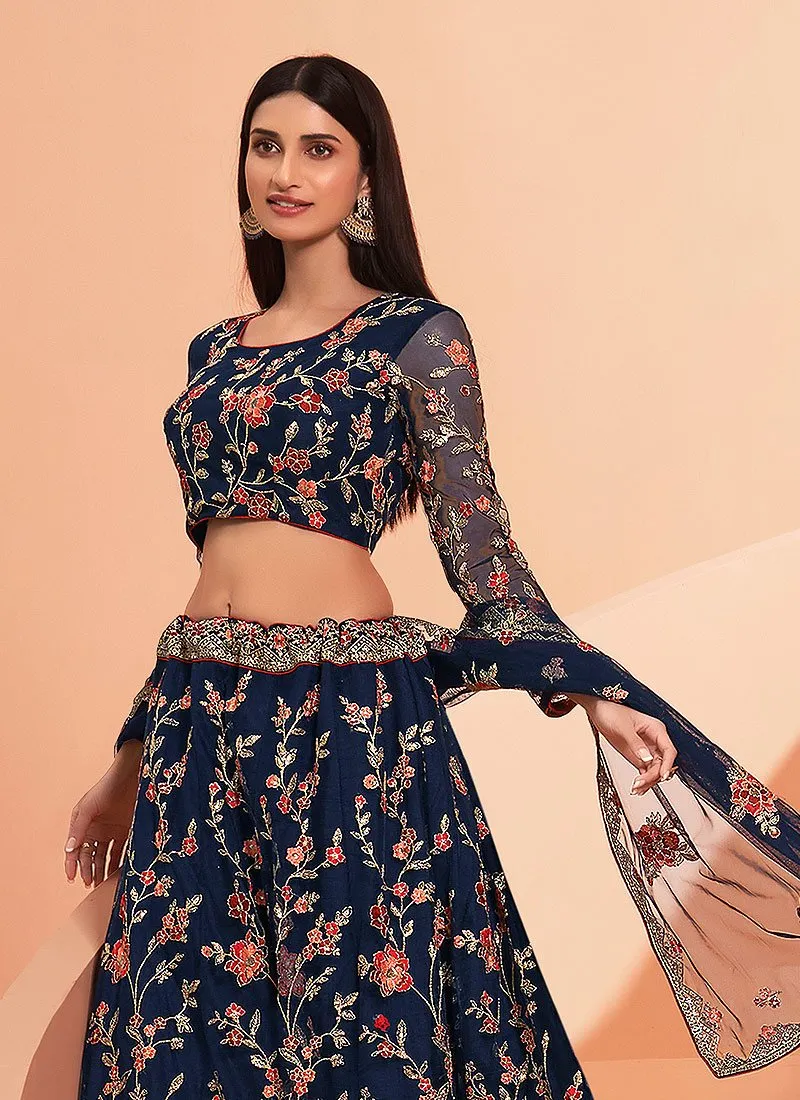 Floral Embroidered Navy Blue Bridal Lehenga Choli