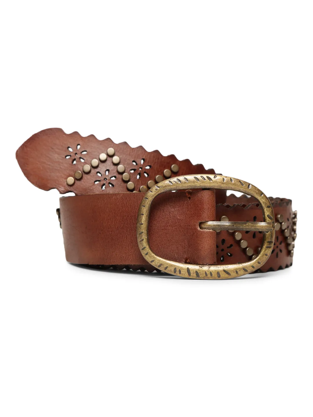 Genuine Leather Cognac Studded Belt By Art N Vintage