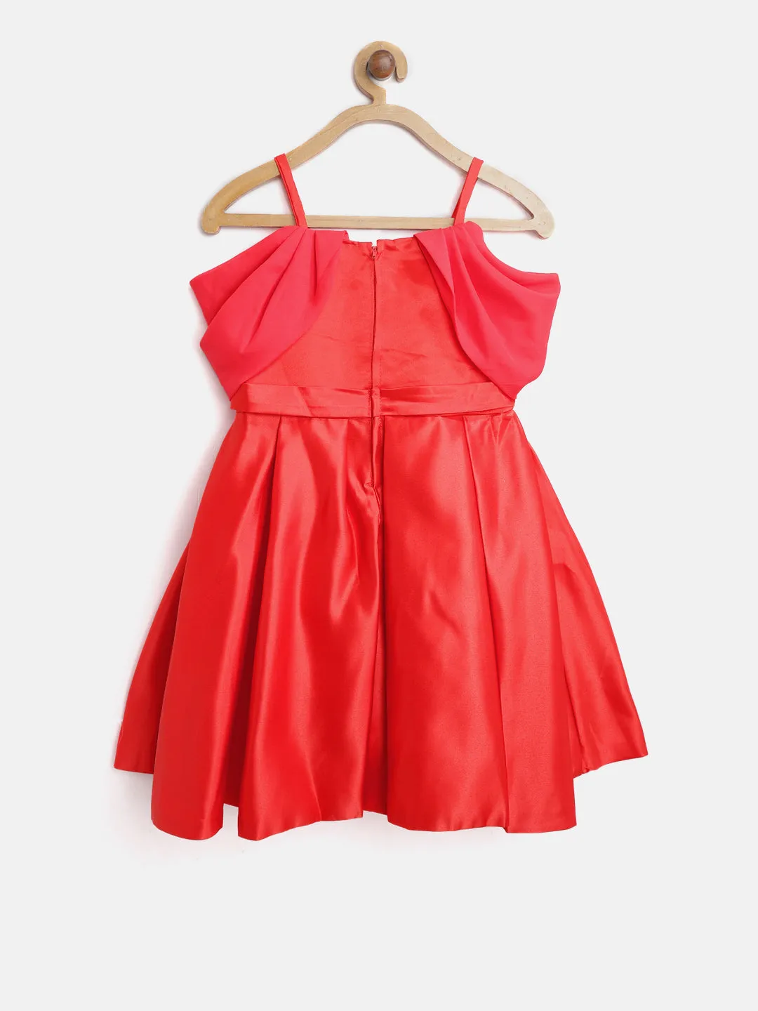 Gilr's Red Pleated And Embellished Party Dress With Beautiful Back Bow - StyleStone Kid