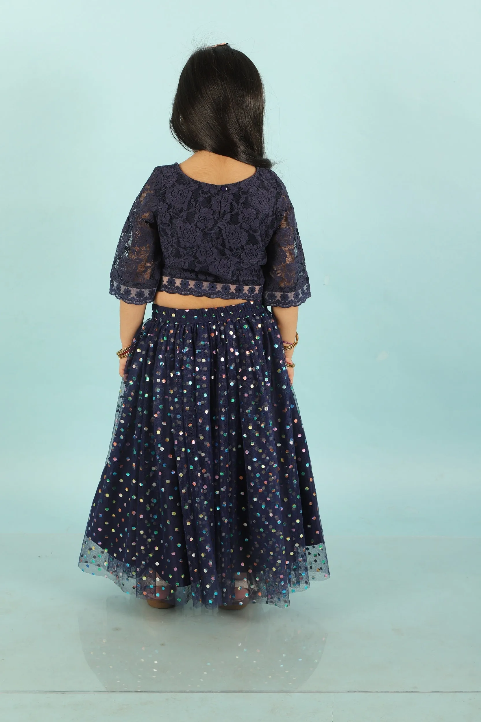 Girl's Lace Top With Organzar Embroidered Lace Details, Mesh With Rainbow Foil Print-Navy - Lil Peacock