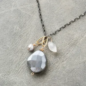 Gray Moonstone Nugget Cluster Necklace on Black Box Chain