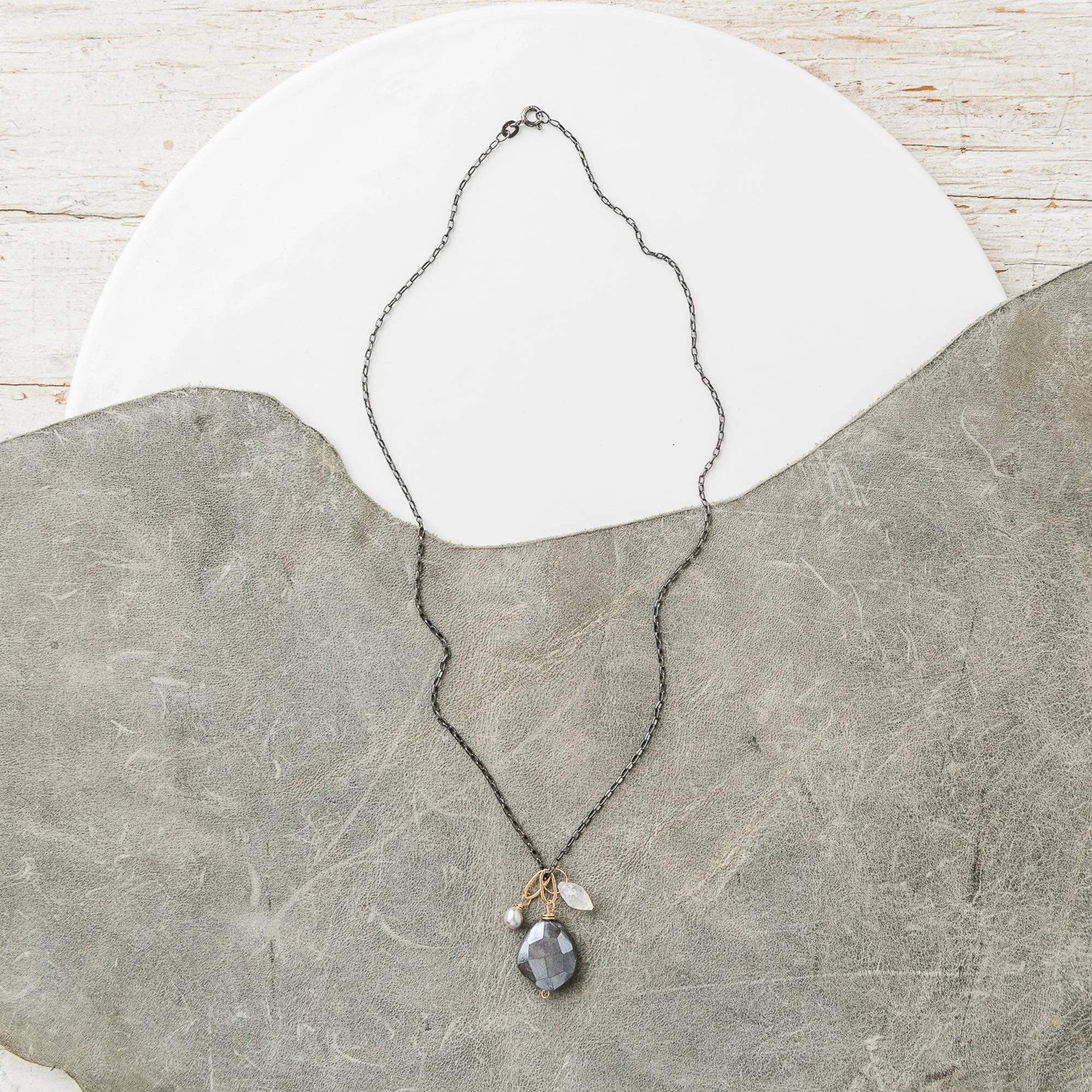 Gray Moonstone Nugget Cluster Necklace on Black Box Chain