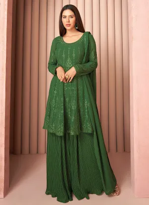 Green Sequence Embroidered Designer Sharara Suit