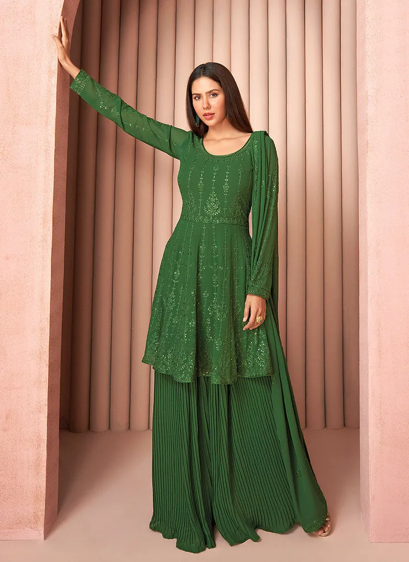 Green Sequence Embroidered Designer Sharara Suit