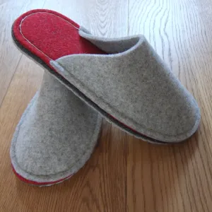 Grey & Red Felt Slipper - Suede Sole