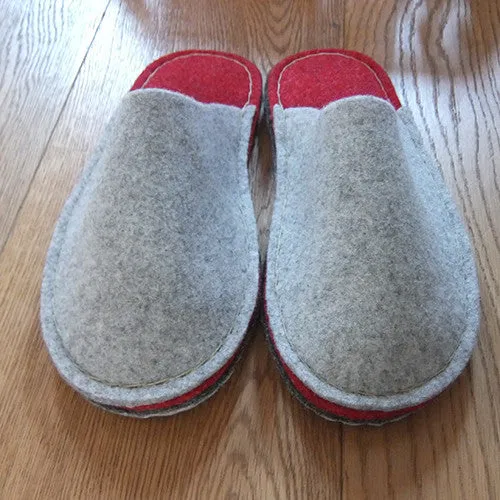 Grey & Red Felt Slipper - Suede Sole