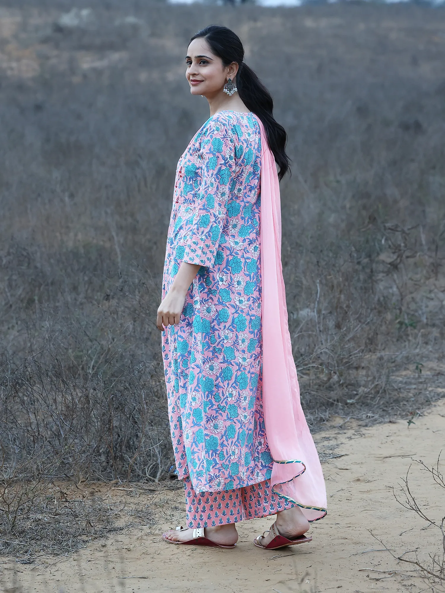 Hand Block Printed A-Line Kurta Set with Thread Embroidery at Yoke