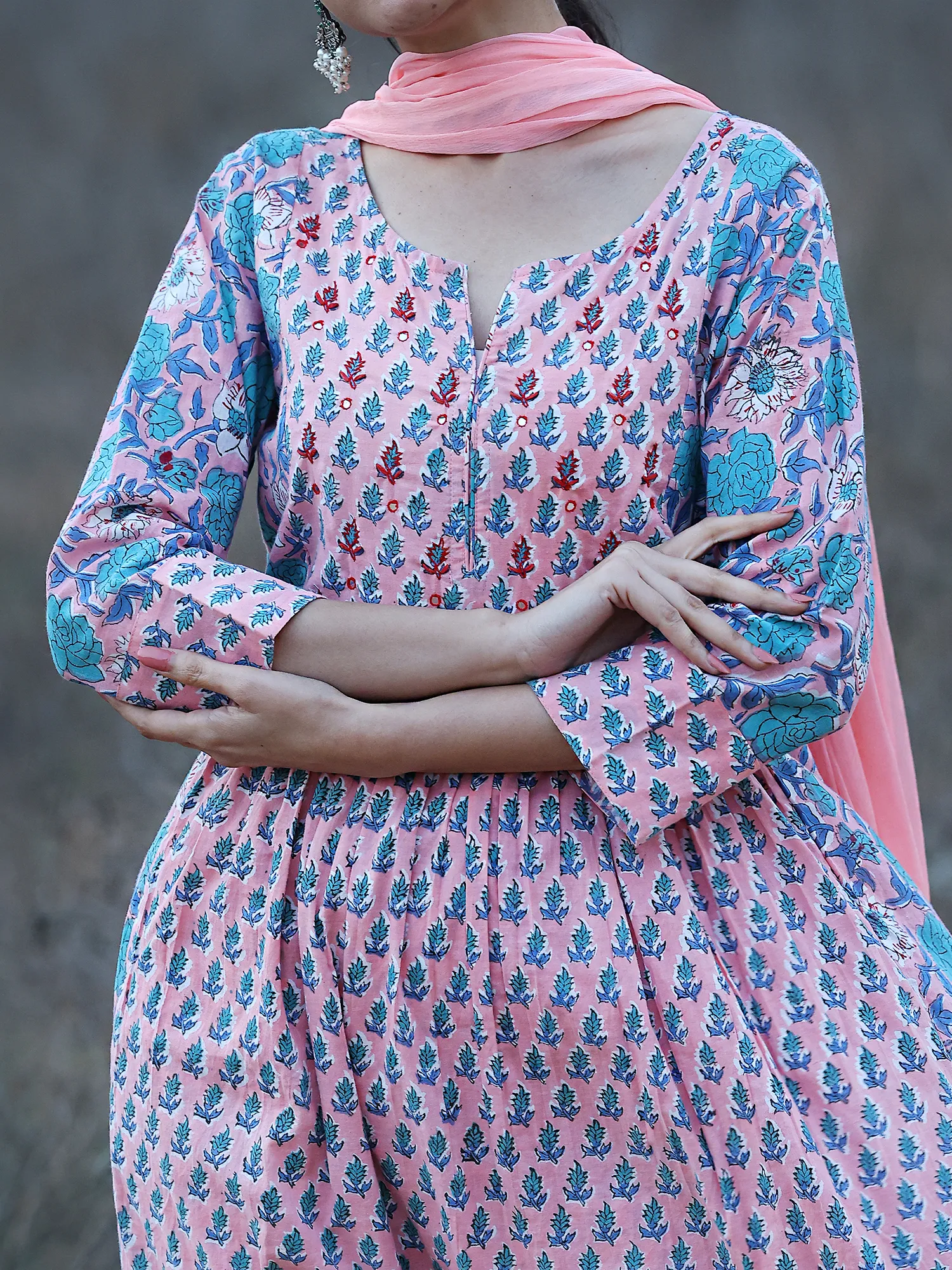 Hand Block Printed A-Line Kurta Set with Thread Embroidery at Yoke