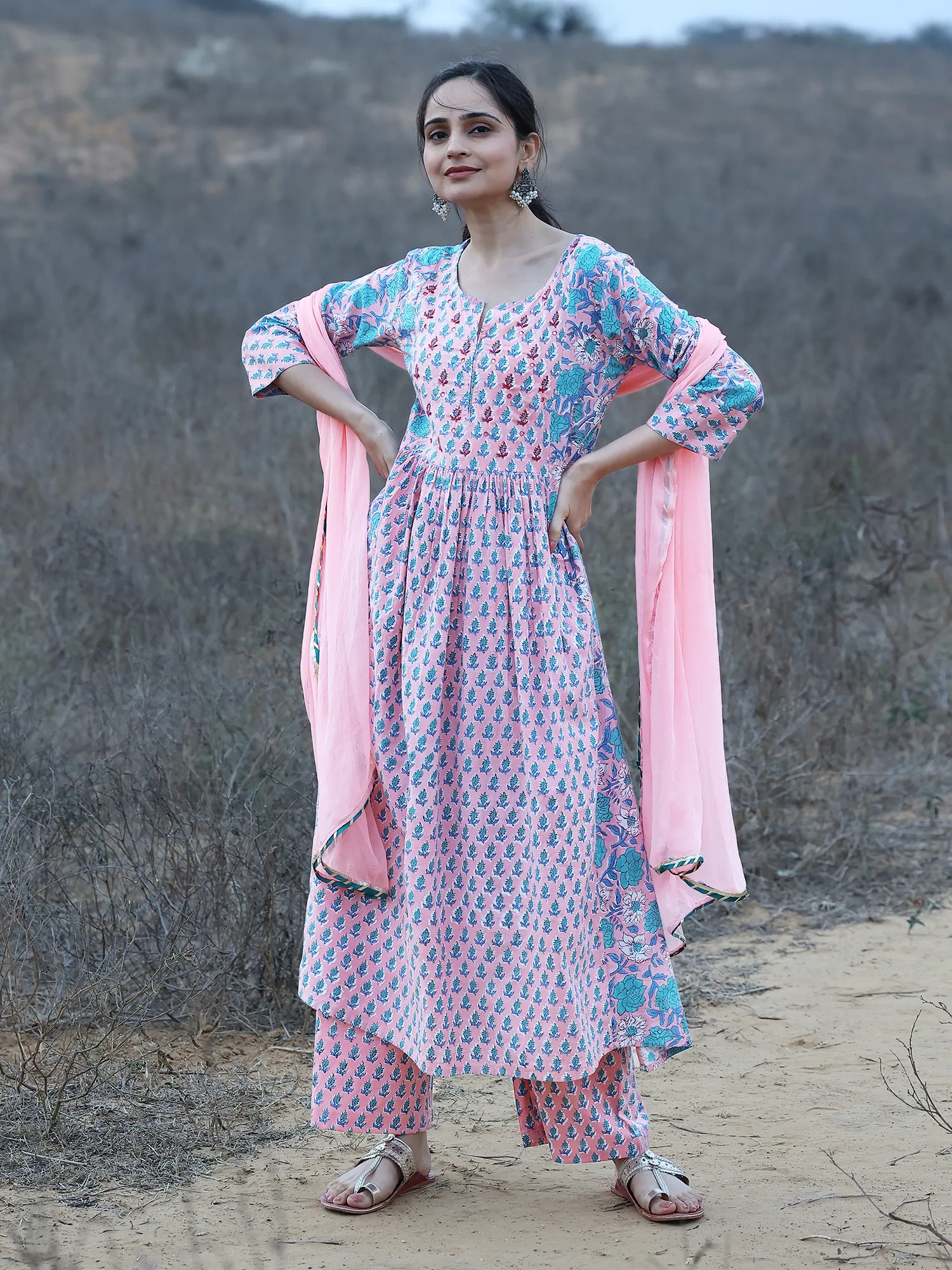 Hand Block Printed A-Line Kurta Set with Thread Embroidery at Yoke