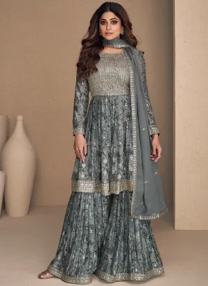 Ice Blue Sequence Embroidery Gharara Style Suit