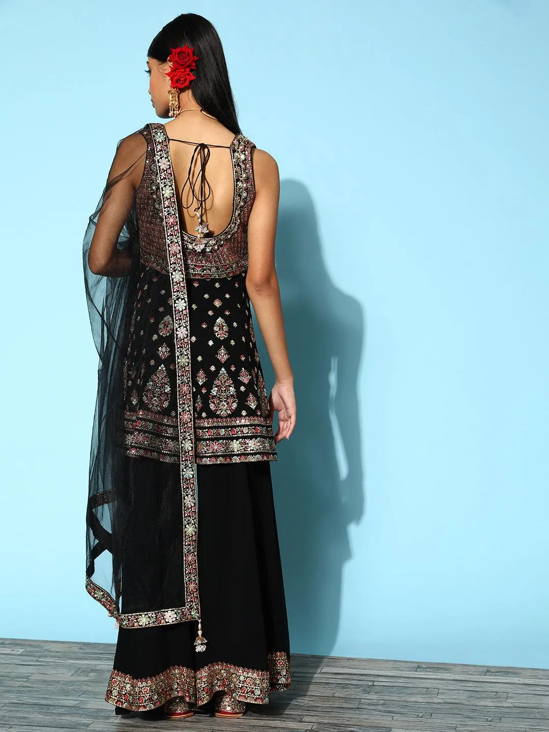 Jashvi Art Black Embroidered Georgette Peplum Suit Set With Palazzos