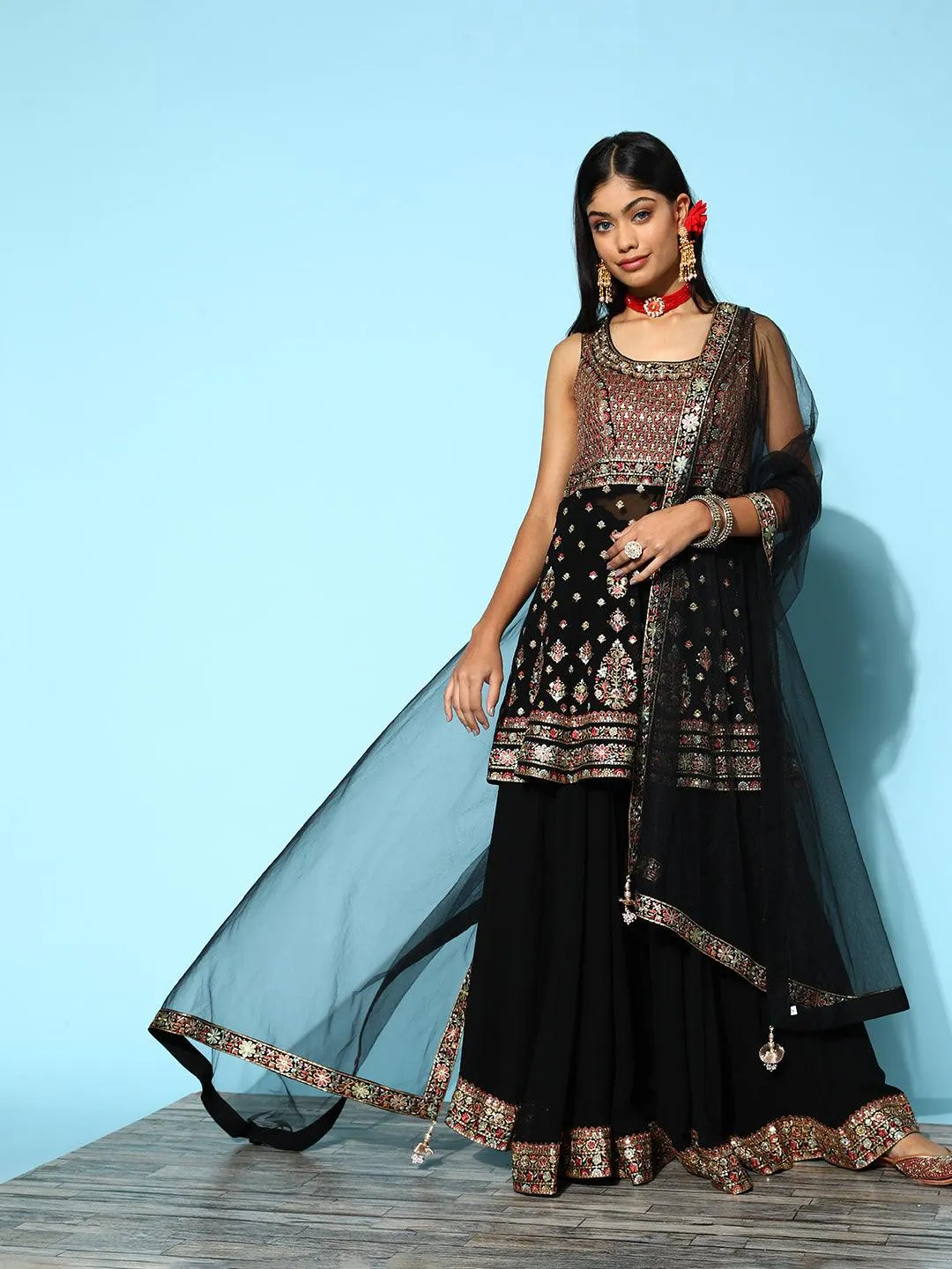 Jashvi Art Black Embroidered Georgette Peplum Suit Set With Palazzos