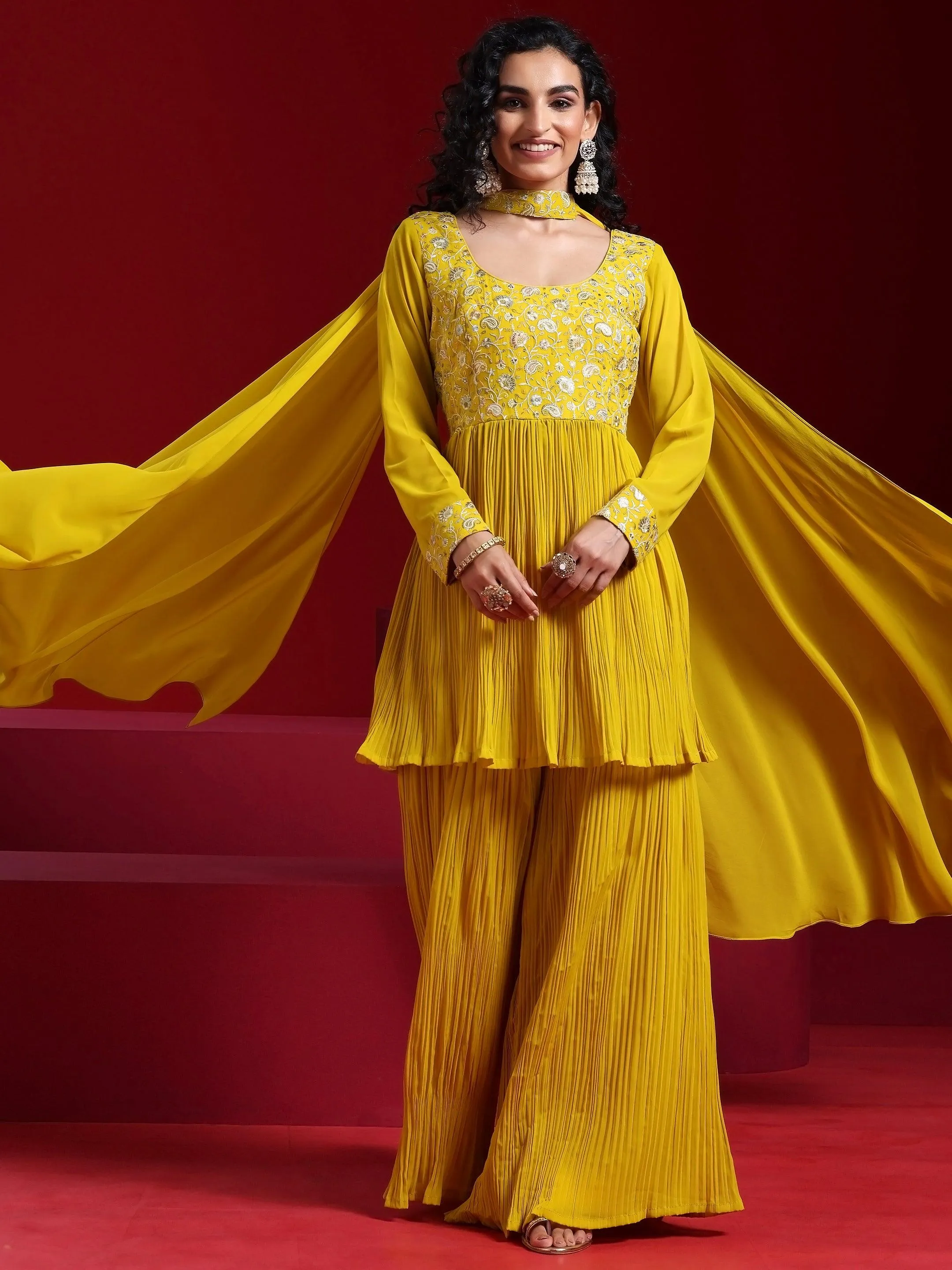 Jashvi Art Mustard Embroidered Georgette A-Line Kurta With Sharara & Dupatta