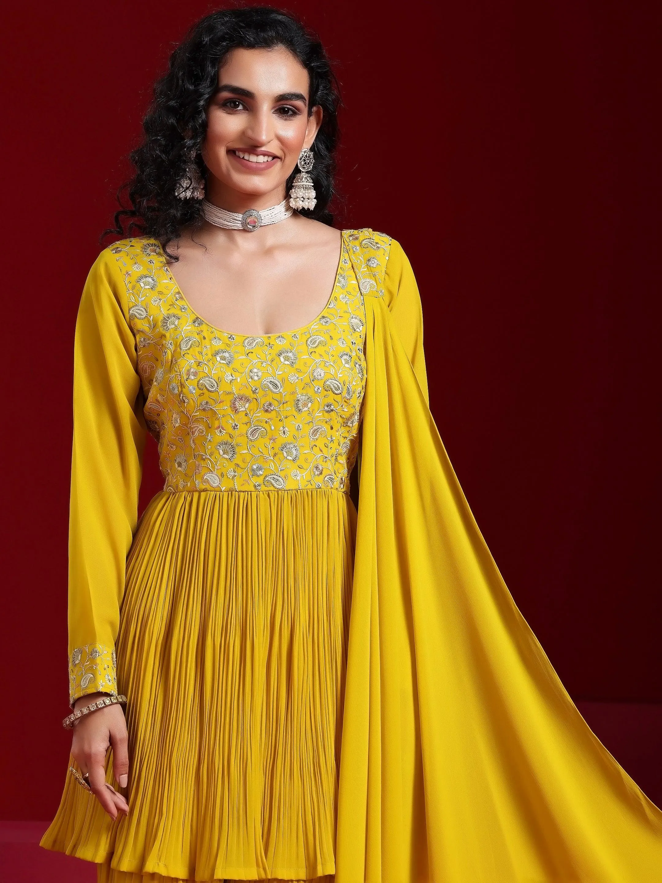 Jashvi Art Mustard Embroidered Georgette A-Line Kurta With Sharara & Dupatta