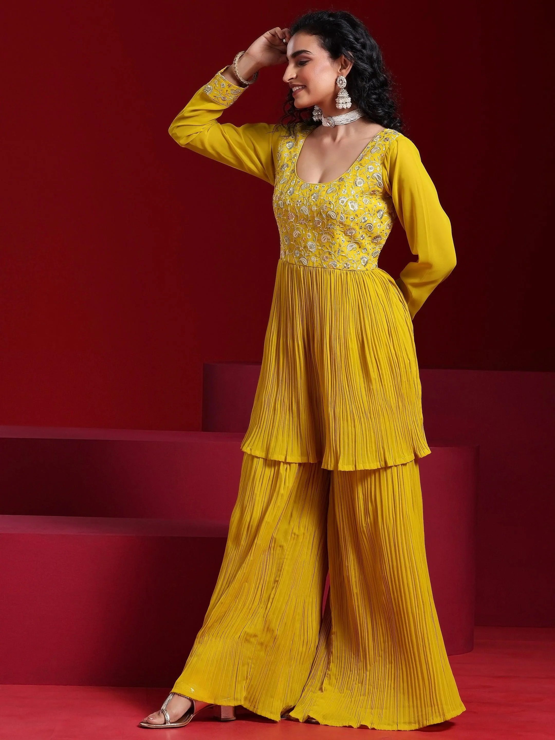 Jashvi Art Mustard Embroidered Georgette A-Line Kurta With Sharara & Dupatta