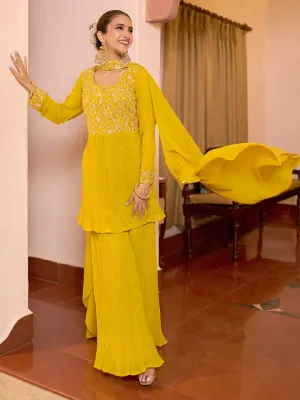 Jashvi Art Mustard Embroidered Georgette A-Line Kurta With Sharara & Dupatta